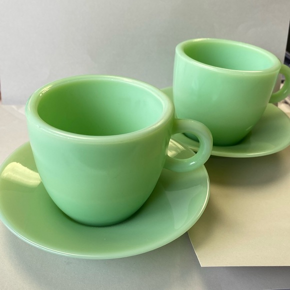 Vintage Pair of Reproduction Jadite Cups and Saucers from Cracker Barrel - Picture 1 of 11